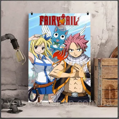 Фото Natsu Dragneel / Нацу Драгнил и Lucy Heartfilia / Люси Хартфилия  отдыхают на лавочке после похода по магазинам перед Новым Годом. Озорной  кот Happy / Хэппи в красном костюме держит над