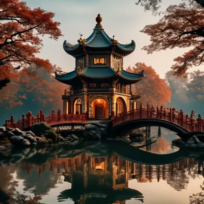 Китайский домик на острове, мостик …» — создано в Шедевруме