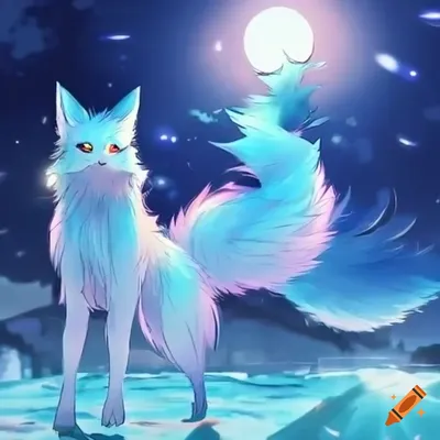 Light blue kitsune dancing across a night sky, anime, bright on Craiyon