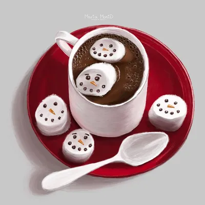 Картинка Кофе зефирки ложки кружке Продукты питания