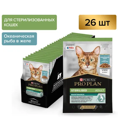 Влажный корм для взрослых стерилизованных кошек и кастрированных котов Pro  Plan Maintenance Sterilised с океанической рыбой в желе 85 г купить в  Екатеринбурге | 46622/7613035347755, 7613035347762 | Заповедник