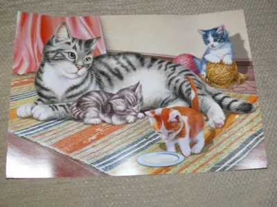 Иллюстрация кошка с котятами в стиле книжная графика |