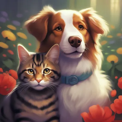 Дружба животных: собаки и кошки» — создано в Шедевруме
