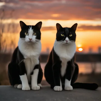 Черно белые коты на закате» — создано в Шедевруме