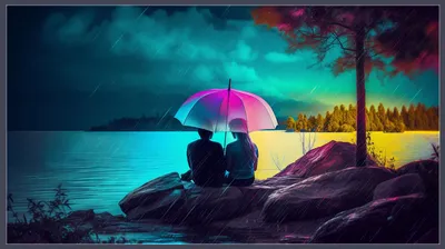 Мужчина и женщина на берегу озера под зонтом - Яркие цвета - Красивые  открытки бесплатно | Нейронный Арт | Дзен