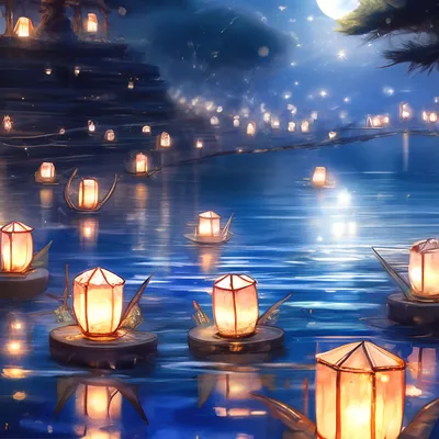 Летят красивые китайские фонарики в …» — создано в Шедевруме