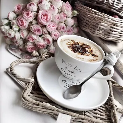 Чашечка кофе и цветы - 55 фото