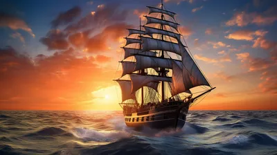 Парусный корабль на фоне заката - Из рубрики "Красивые открытки бесплатно"  | Нейронный Арт | Дзен