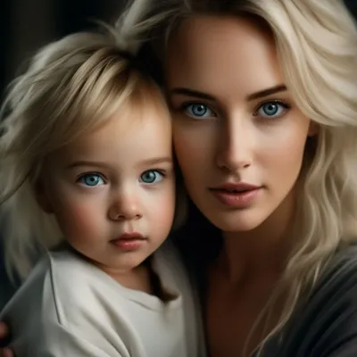 Красивые мама и малыш с голубыми …» — создано в Шедевруме