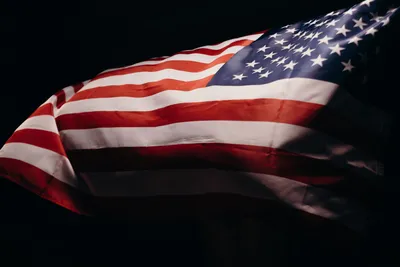 Красивая женщина с флагом США показывает победный жест на сером фоне ::  Стоковая фотография :: Pixel-Shot Studio