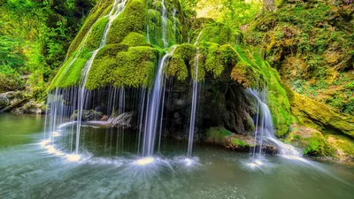 Обои на рабочий стол Красивый водопад с голубым оттенком воды, падающий с  небольшого горного плато в окружении деревьев с ярко-зеленой кроной, обои  для рабочего стола, скачать обои, обои бесплатно