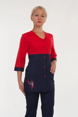 Красивый медицинский костюм в красно-синем цвете на кнопках от  оптово-розничного магазина одежды "Perfect Style"