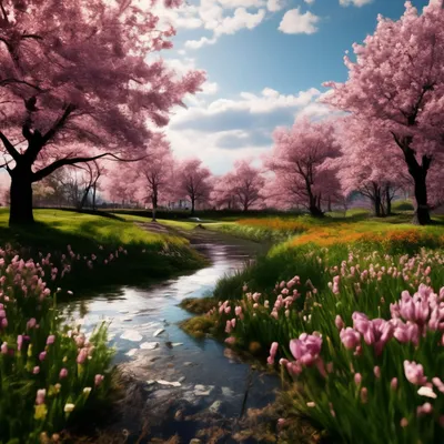 Красивый весенний пейзаж с зеленым газоном и цветами :: Стоковая фотография  :: Pixel-Shot Studio