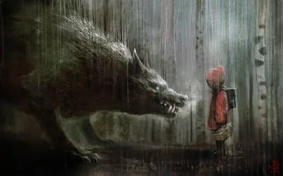 Фото Красная шапочка и огромный волк в лесу под дождем, арт по сказке Красная  шапочка / Red Riding Hood, by sakixamamiya