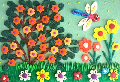 Аппликация из пластилина на цветном картоне " Цветущий кустарник".  Пошаговая инструкция с фото для детей. | Лепим с Таней | Дзен