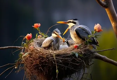 Фотография птицы-матери, кормящей птенца, обои | Премиум Фото