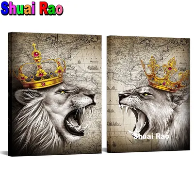 Алмазная вышивка Лев и Лев с короной - купить по выгодной цене | AliExpress