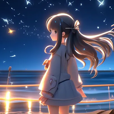 Милая аниме девочка стоит на берегу…» — создано в Шедевруме