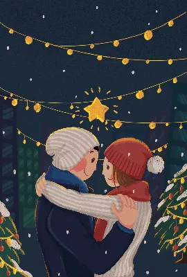 Гиф анимация Двое влюбленных стоят обнявшись под снегом и мерцанием  новогодних гирлянд