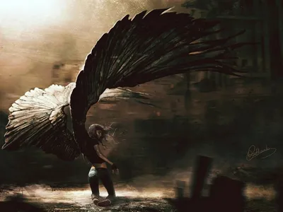 Человек с крыльями на спине, сидит…» — создано в Шедевруме