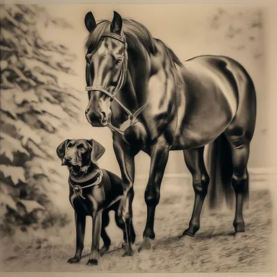 Рисунок карандашом,собака и лошадь» — создано в Шедевруме