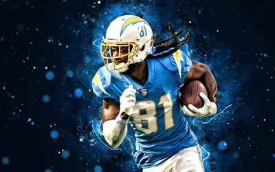 Скачать обои Mike Williams, 4k, NFL, широкий ресивер, Los Angeles Chargers, американский футбол, LA Chargers, синие неоновые огни, Mike Williams LA Chargers, Mike Williams 4K для монитора с разрешением 3840x2400. Высокое качество