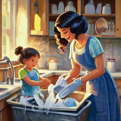 Мама домохозяйки в розовых перчатках моет посуду со своим сыном вручную в  раковину с тензидом. Девушка в белом и ребенок с a Стоковое Изображение -  изображение насчитывающей смеяться, тарелки: 187439009