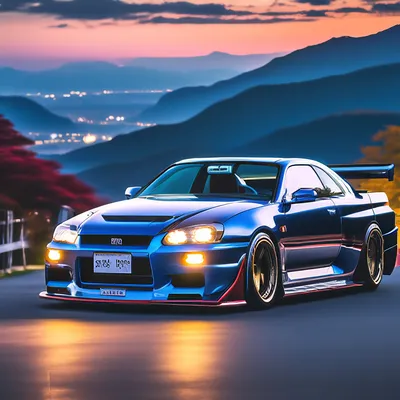 Машина nissan skyline r34 стоит в …» — создано в Шедевруме