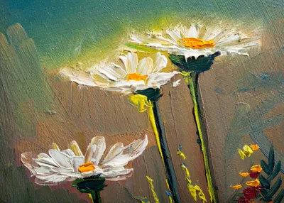 Картина полевые цветы маслом на холсте, натюрморт с ромашками • современные  художники