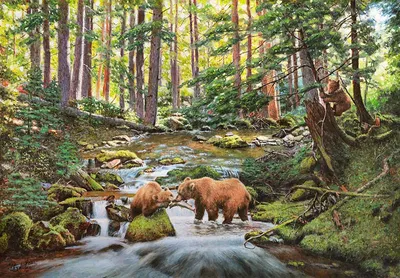Медведи в лесу -пейзаж маслом художника Разживина