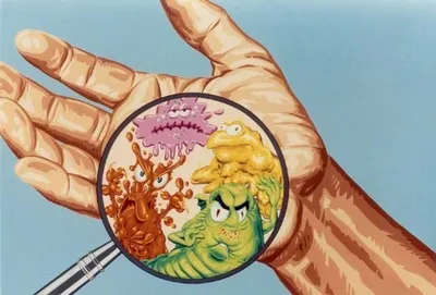 Концепция гигиены. человек показывает грязные руки с множеством вирусов и  микробов. | Премиум Фото