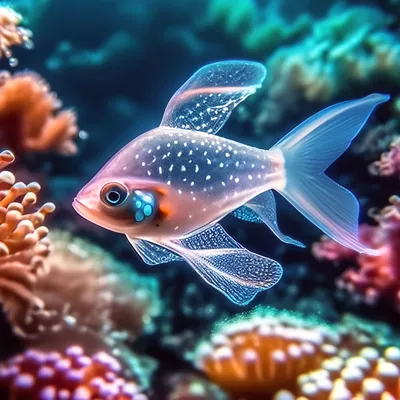 Прозрачная рыба в море среди …» — создано в Шедевруме