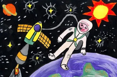 Рисунки ко дню космонавтики для детей 1-2 класса
