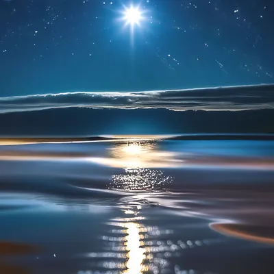 Ночь, луна,звёзды отражающиеся в …» — создано в Шедевруме