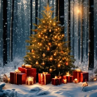 Заснеженная ёлка с подарками в лесу. Качественные новогодние обои для  рабочего стола, картинки, фото 1920x1200