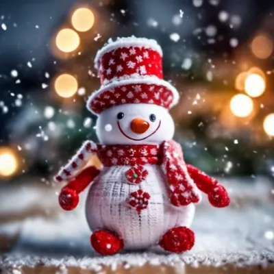 Снеговик с красной шапке на фоне …» — создано в Шедевруме
