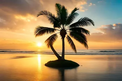 Пальма на острове с горами на заднем плане | Премиум Фото