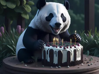 Панда держит тарелку с тортом и свечами. | Премиум Фото