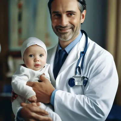 Педиатр мужчина с ребенком на руках…» — создано в Шедевруме