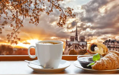 Обои Париж, кофе, завтрак, Paris, cathedral, France, Notre Dame, cup, джем,  coffee, croissant, breakfast, круассан, Нотр Дам картинки на рабочий стол,  раздел еда - скачать