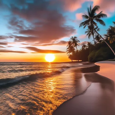 Океанский закат пейзаж с пальмами | Премиум векторы
