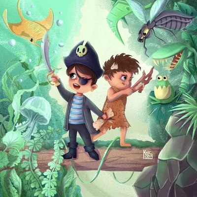 Иллюстрация Два мира. Пират и пещерный человек. Пазлы для детей. в
