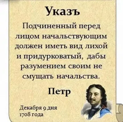 Издавал ли Пётр I указ о том, что подчинённый перед начальством должен  «иметь вид лихой и придурковатый»? - Проверено.Медиа