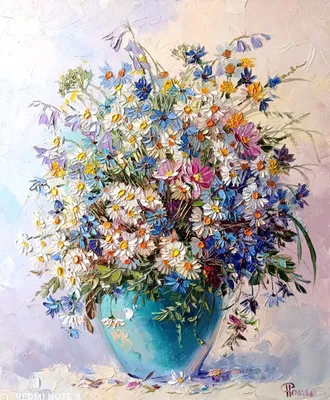 Натюрморт маслом "Букет полевых цветов в синей вазе" 40x50 KI201101 купить  в Москве