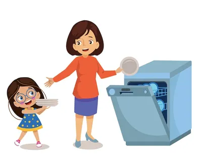 Милая маленькая девочка-посудомойка помогает маме мыть посуду | Премиум  векторы