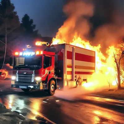 Пожарная машина тушит пожар пламя …» — создано в Шедевруме