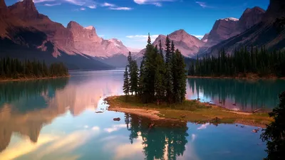 Скачать 1920x1080 озеро, горы, природа, деревья, отражение, небо, вода  обои, картинки full hd, hdtv, fhd, 1080p