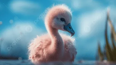 Детеныш фламинго плавает в воде, фламинго, синий мех, облака сладкой ваты  фон картинки и Фото для бесплатной загрузки