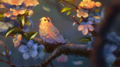 Птичка с хохолком на цветущей ветке дерева птица
