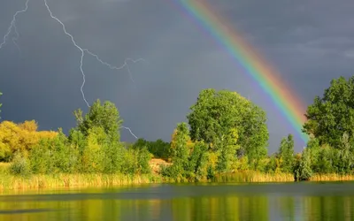 Фото радуги в небе над лесом, Аляска - фотосток Fotoart